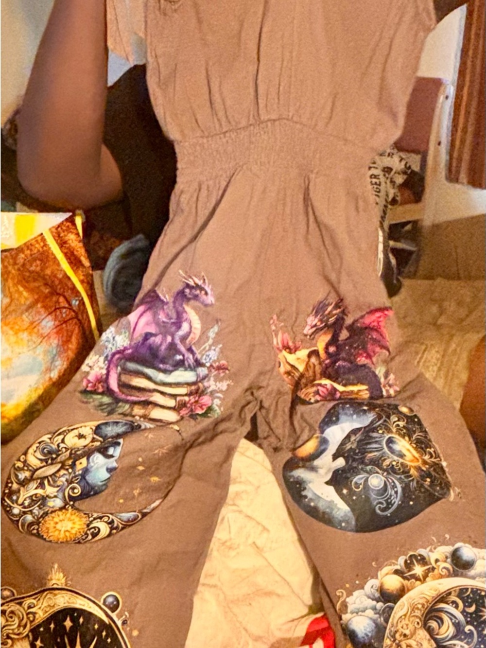 Brown Dragon & Celestial Print Romper Jumpsuit for Women